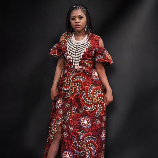 slim fit dress slacks green infinity african print high-low dress main image 1